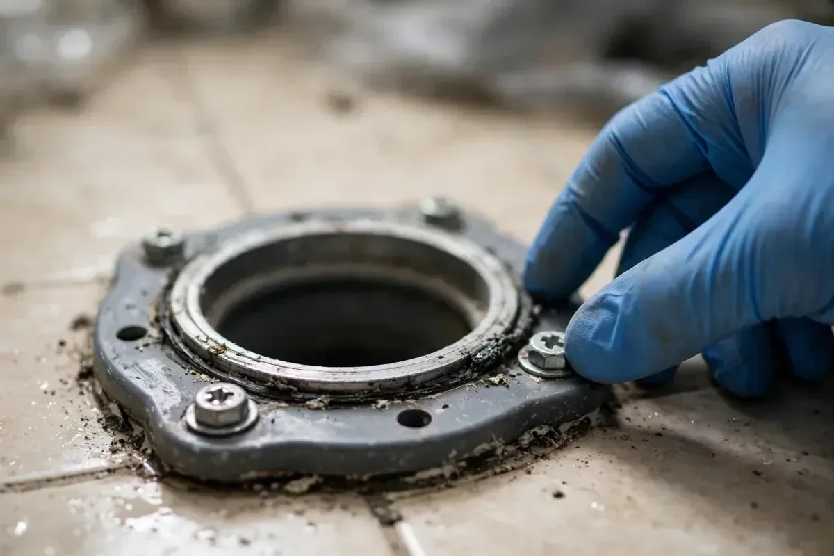 Illustrative view of toilet hardware and mounting flange repair