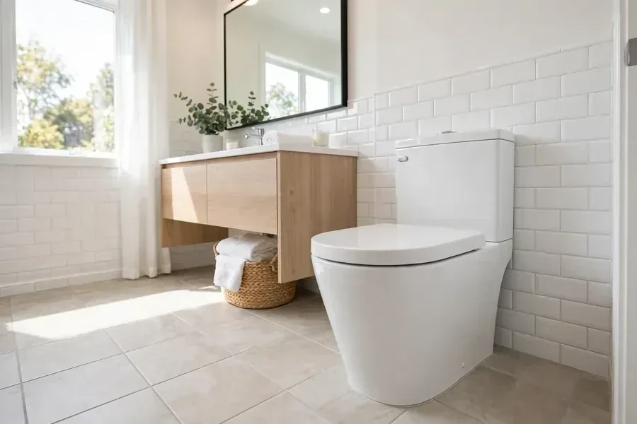 Illustrative modern toilet installation Illustrative after example of a modern toilet installation in a clean bathroom