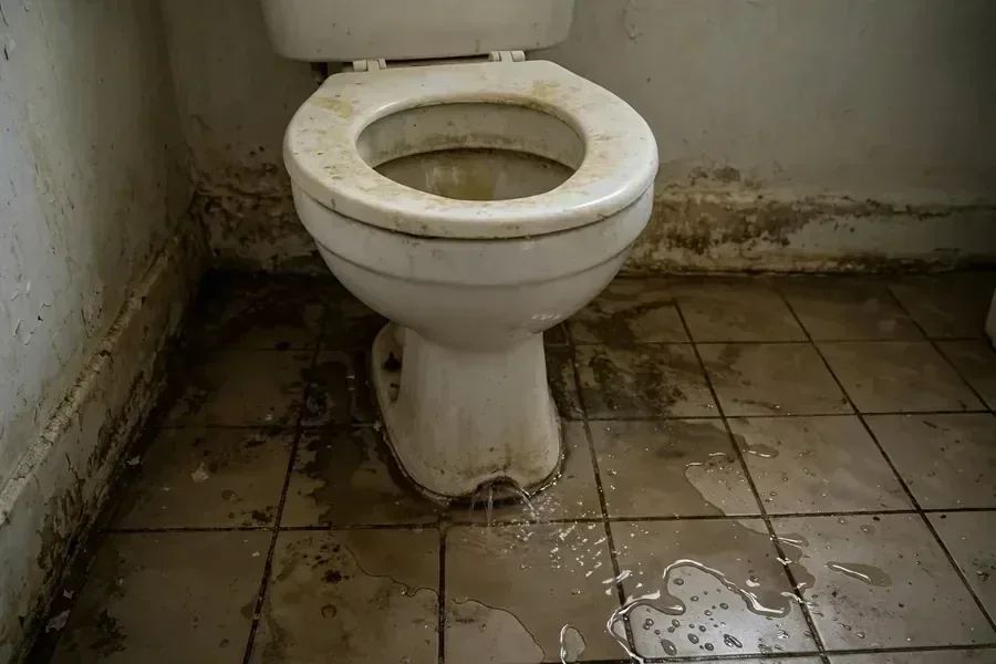 Illustrative example of moisture near a toilet base that needs assessment