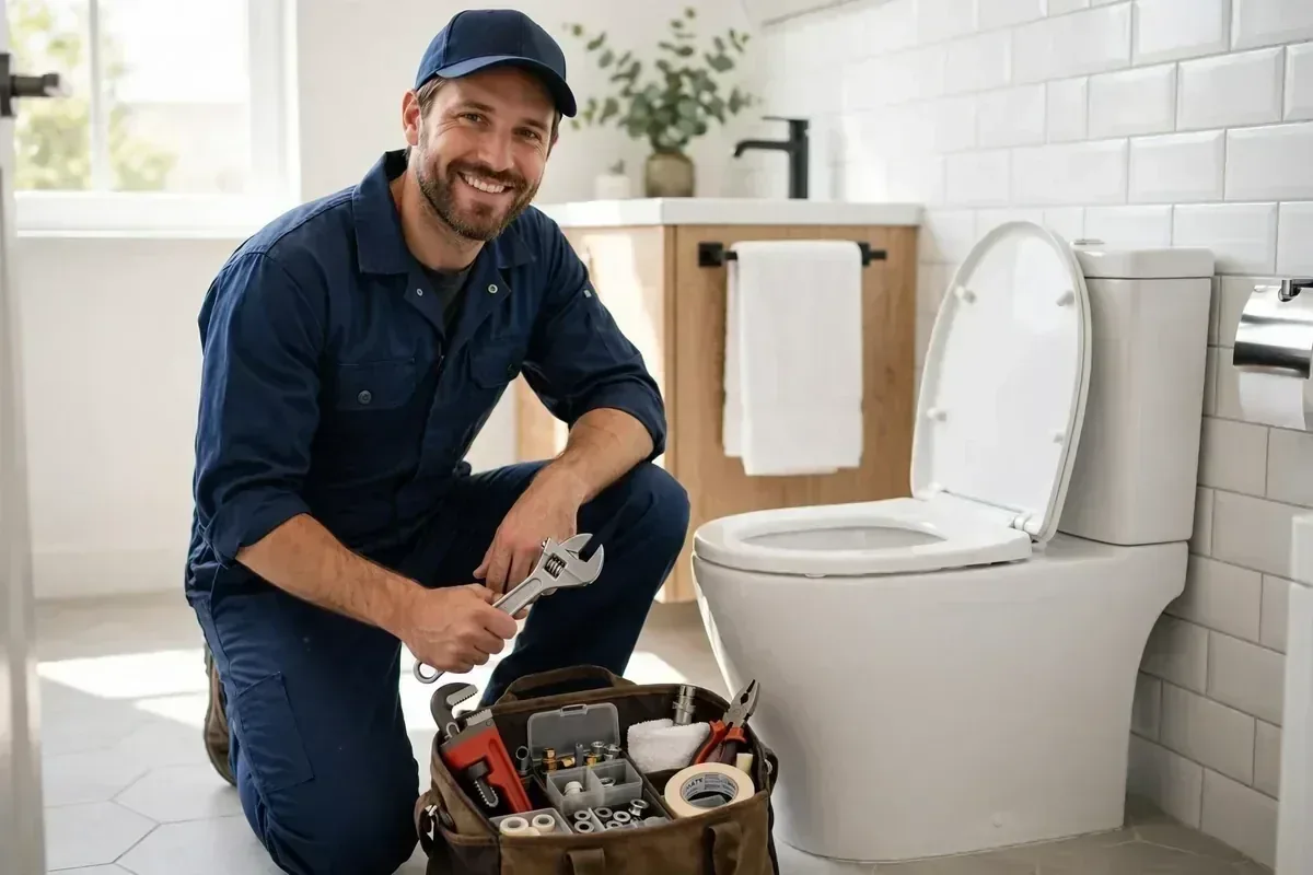 Illustrative plumbing professional inspecting a toilet repair