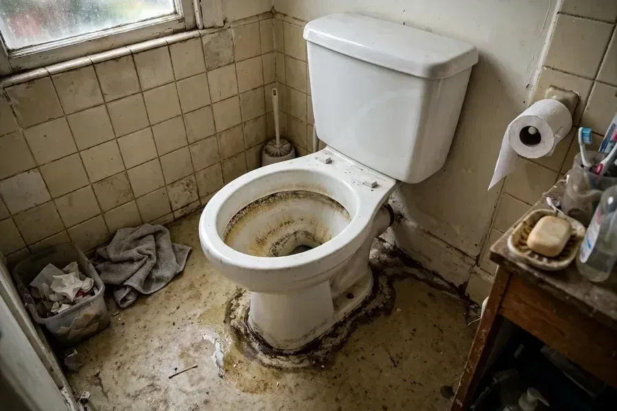 Illustrative clogged toilet before repair Illustrative before example of a stained toilet bowl requiring cleaning or assessment
